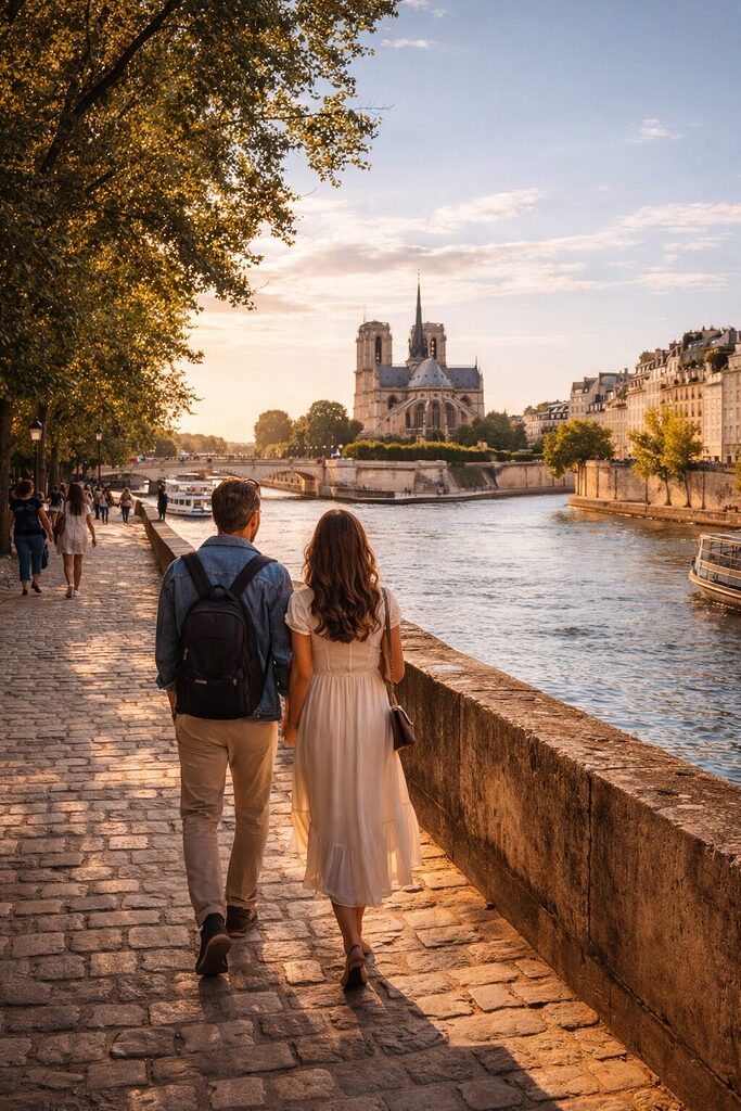 Couple walking along the Seine river in Paris with Notre-Dame in the background
