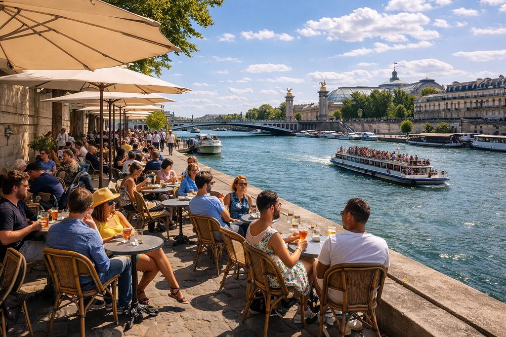Paris in summer with riverside café seating and sightseeing boats along the Seine