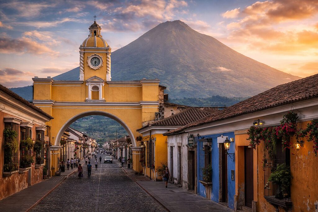 Antigua Guatemala Santa Catalina Arch with volcano at sunset colonial city