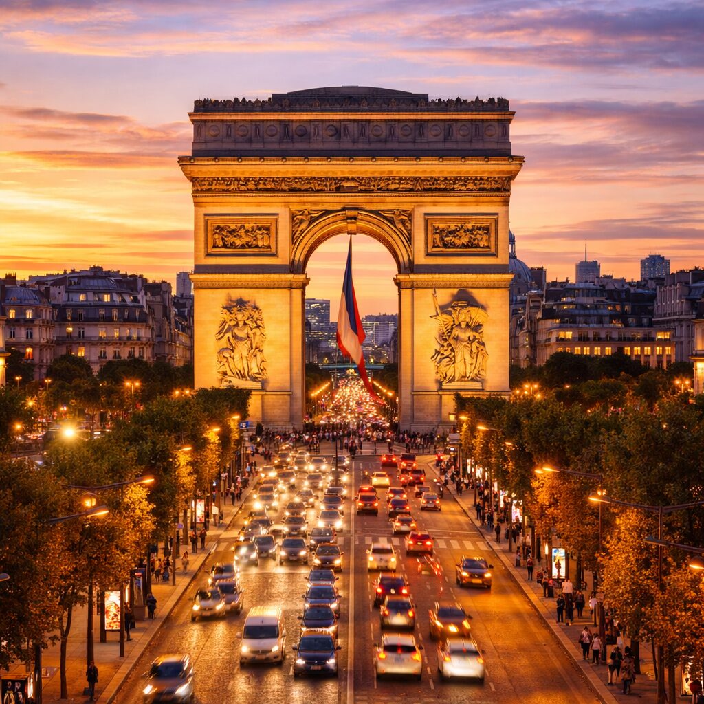 Arc de Triomphe glowing at sunset with traffic along Champs-Élysées