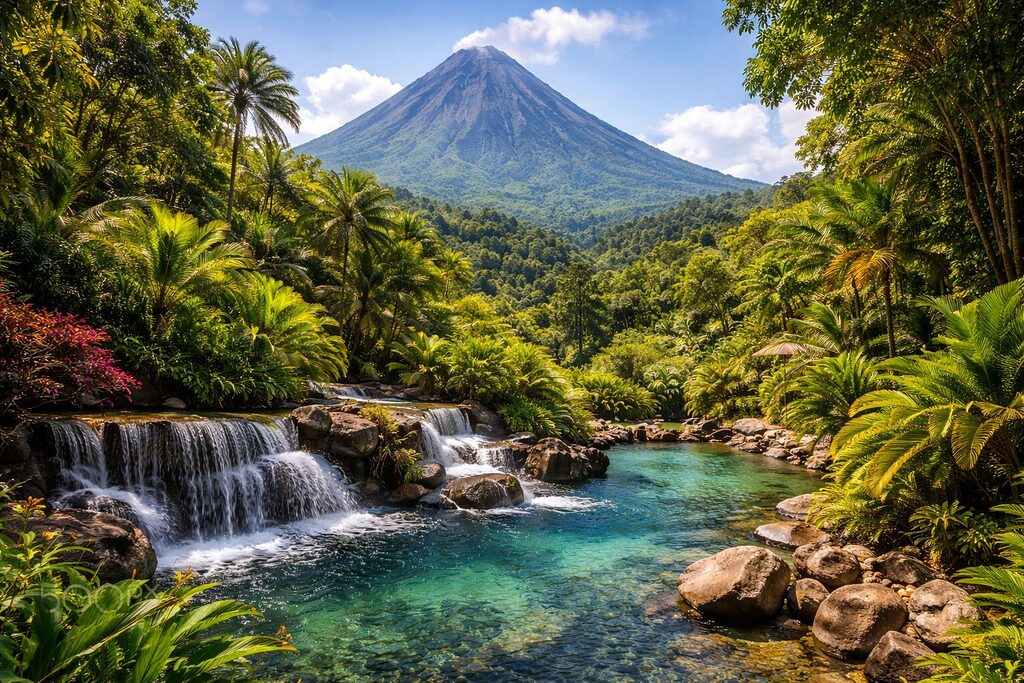 Arenal Volcano Costa Rica with rainforest hot springs and tropical landscape