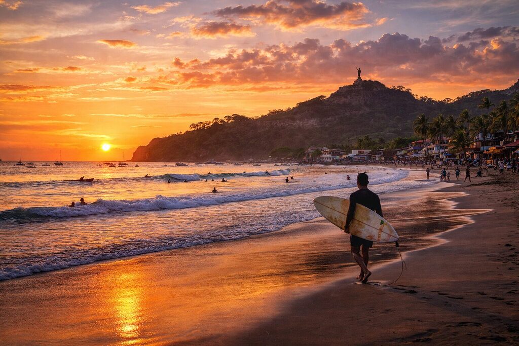 San Juan del Sur Nicaragua sunset beach with surfers and coastline view — best summer destinations in Central America