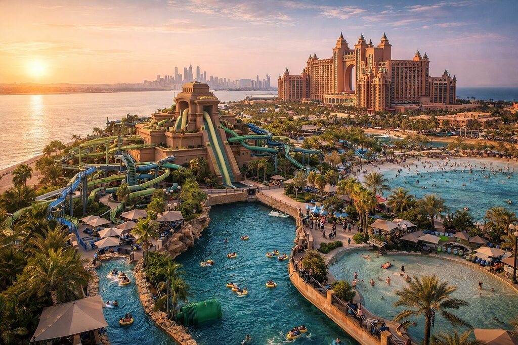 Atlantis Aquaventure waterpark Dubai with slides and resort view