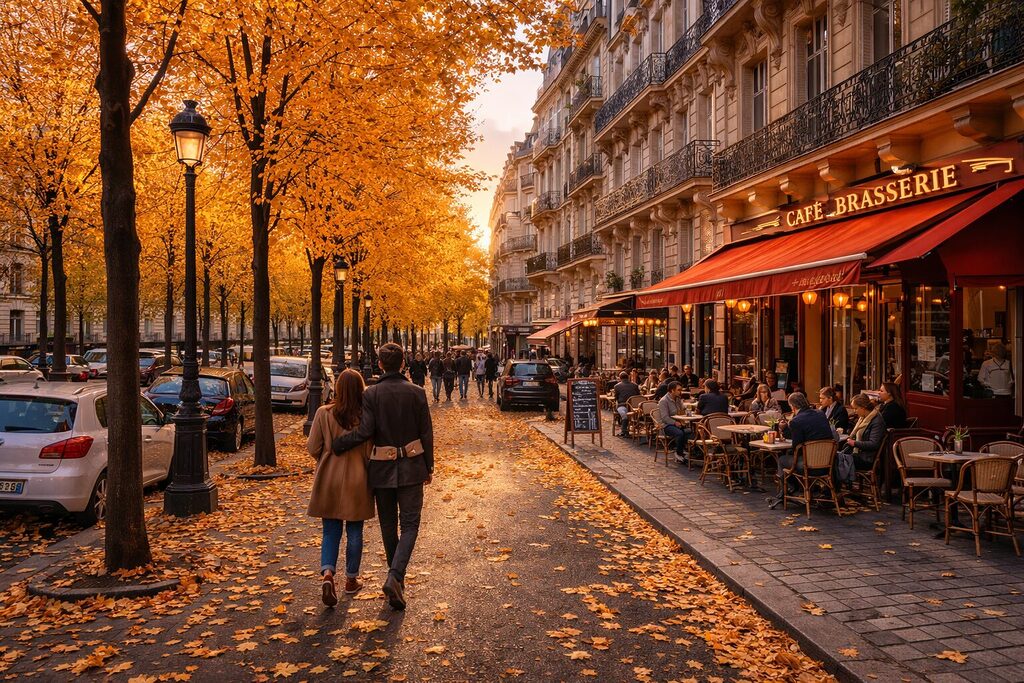 Paris in autumn with golden trees lining a street and people walking near cafes as Best time to visit Paris in 2026