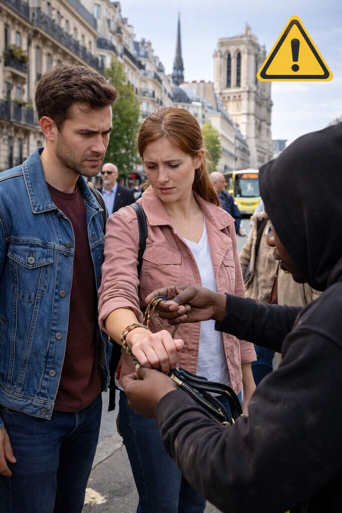 Tourists interacting with a street vendor in Paris while staying cautious of common scams