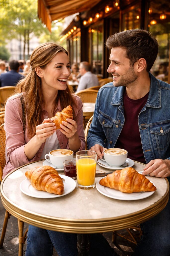 Couple enjoying croissants and coffee at a Paris cafe during breakfast
