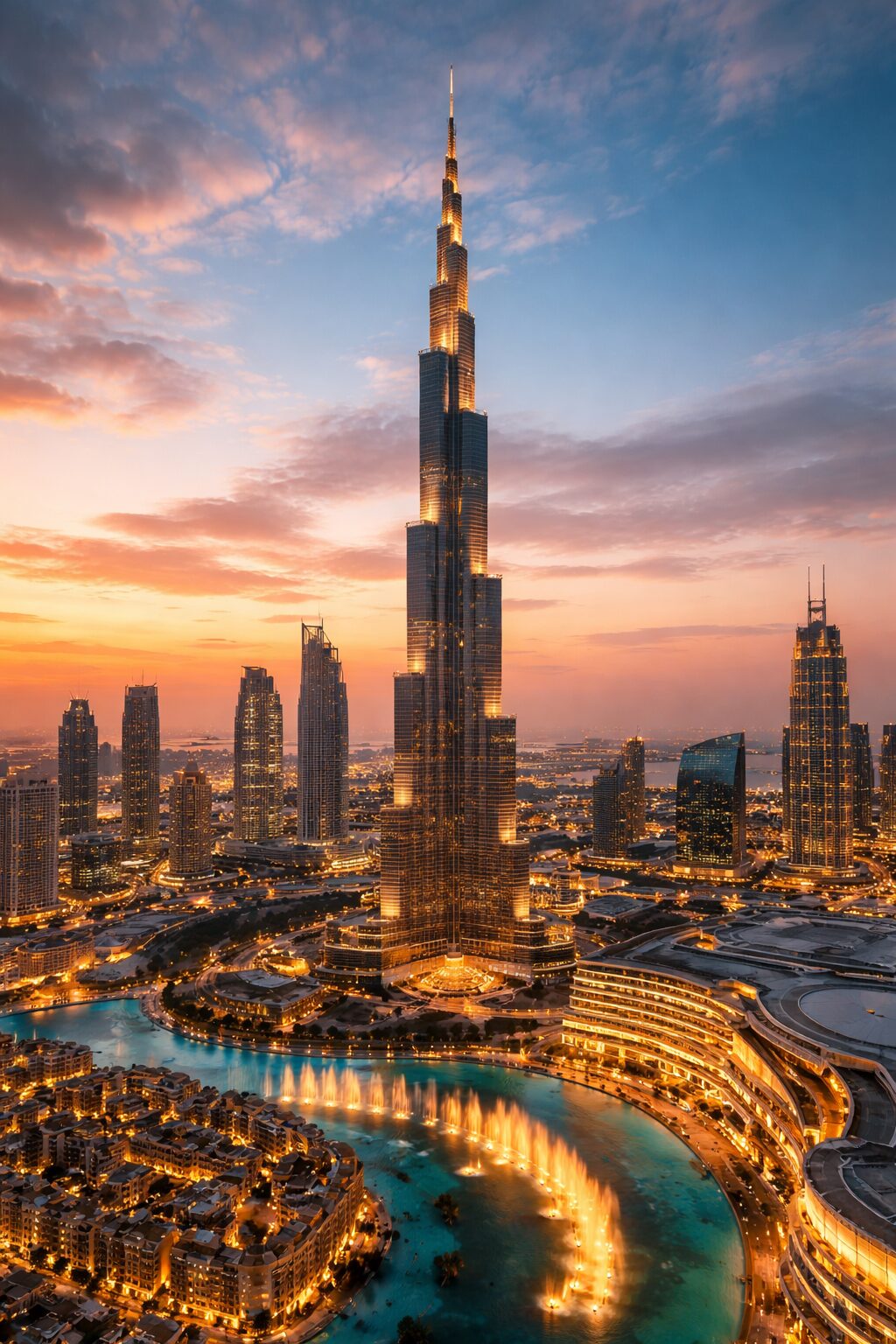 Burj Khalifa Dubai skyline at sunset among the Places to Visit in Dubai