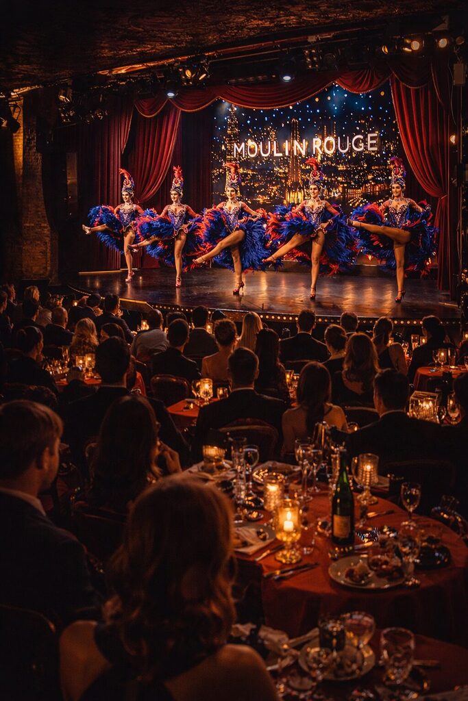 Cabaret performance at Moulin Rouge in Paris with dancers and audience – Paris nightlife entertainment 2026