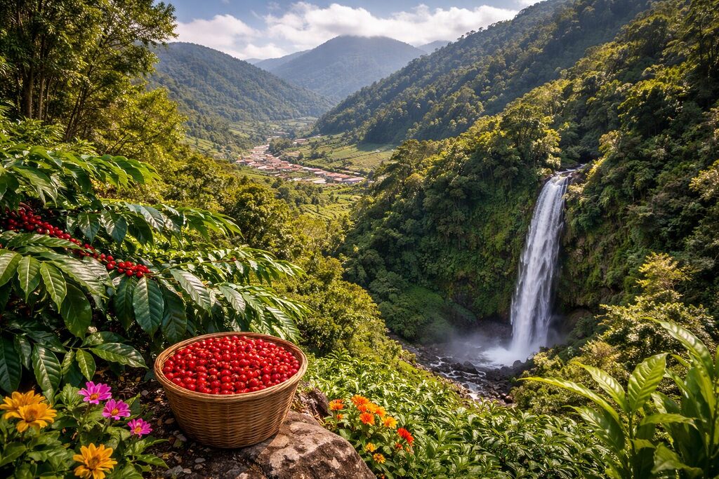 Boquete Panama coffee plantations waterfall mountain valley landscape