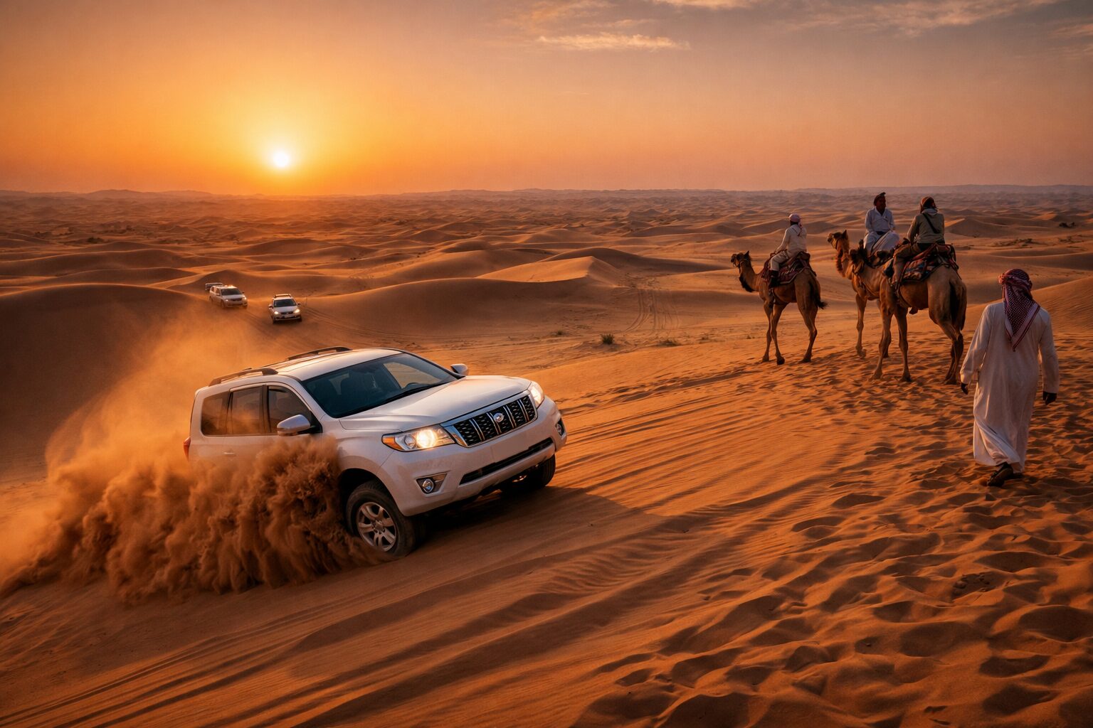 Dubai desert safari dune bashing and camel ride at sunset