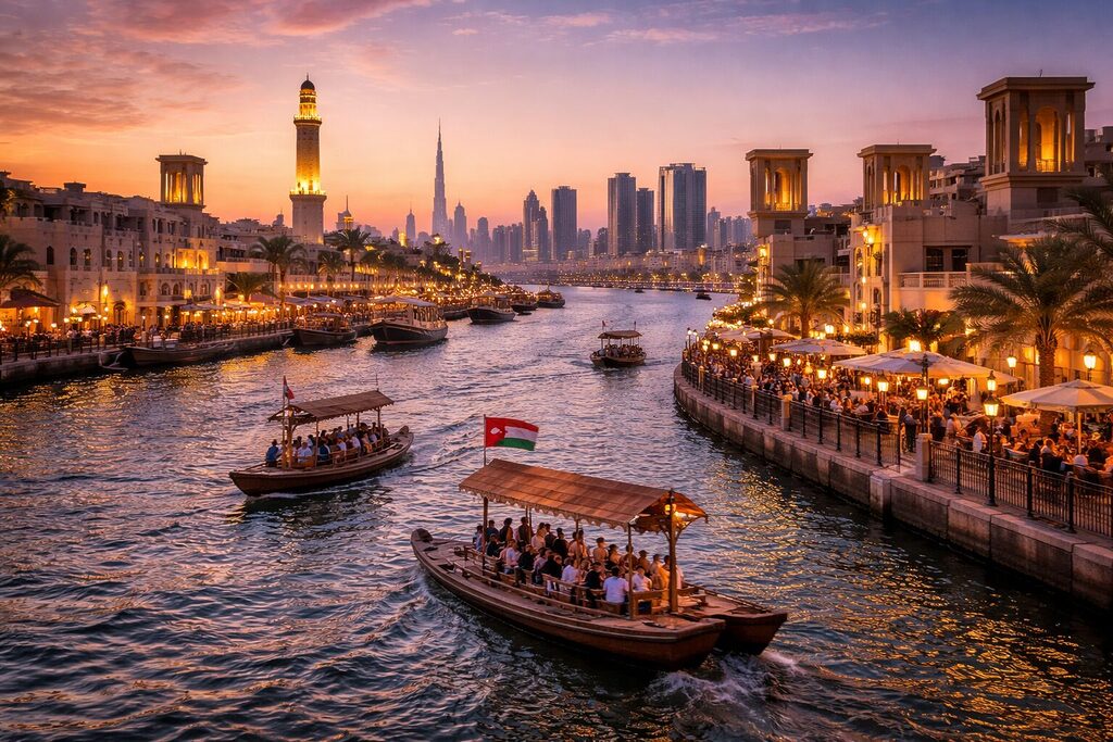 Dubai Creek traditional abra boats and city skyline at sunset