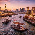 Dubai Creek traditional abra boats and city skyline at sunset