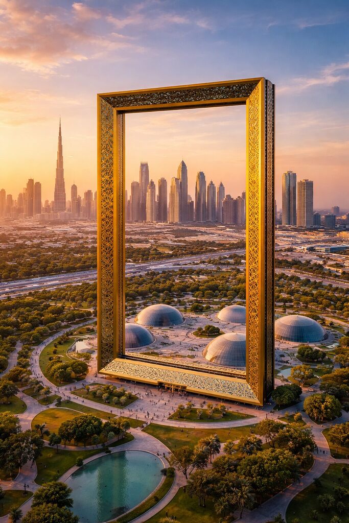 Dubai Frame landmark with skyline view at sunset
