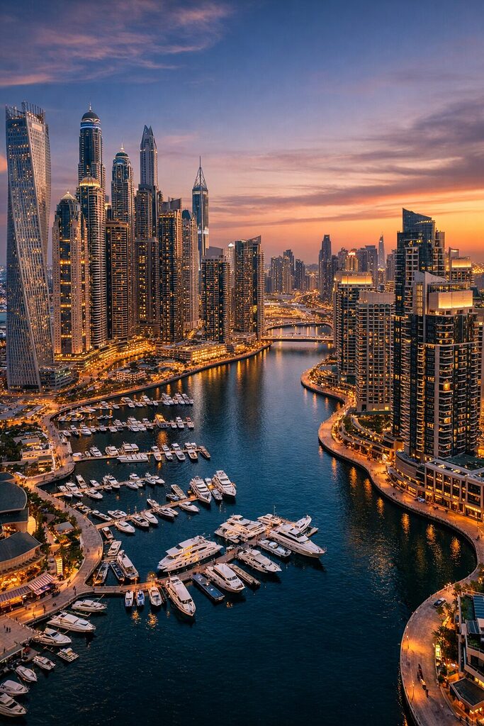 Dubai Marina skyline with yachts and waterfront at sunset