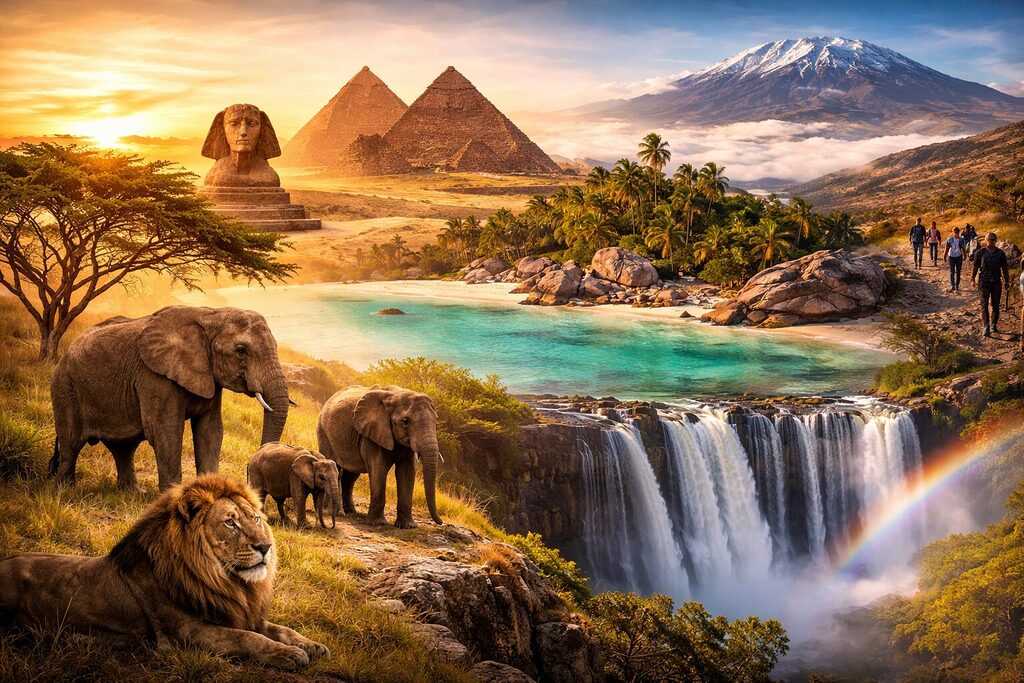 top places to visit in Africa in 2026 featuring safari wildlife pyramids beaches waterfalls and Mount Kilimanjaro landscape