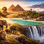 top places to visit in Africa in 2026 featuring safari wildlife pyramids beaches waterfalls and Mount Kilimanjaro landscape