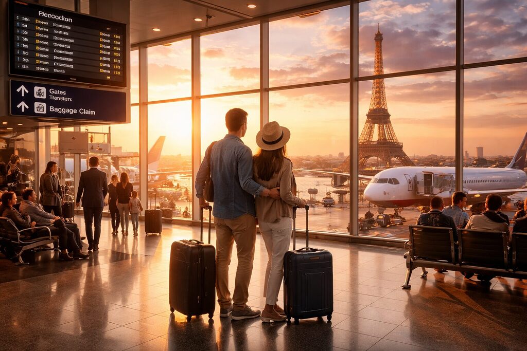 Paris airport terminal with travelers and luggage at sunset – booking flights and airport transfers to Paris 2026