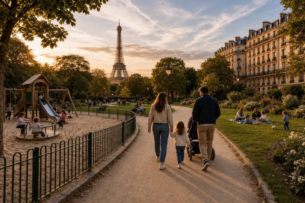 family-friendly park in Paris near Eiffel Tower with children playing – safe areas to stay in Paris 2026