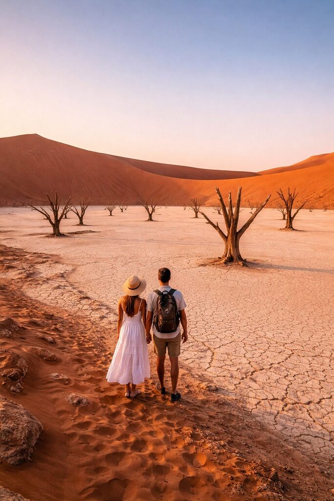Deadvlei Namibia with red dunes and dead trees at sunrise with travelers walking in desert landscape – Africa travel 2026