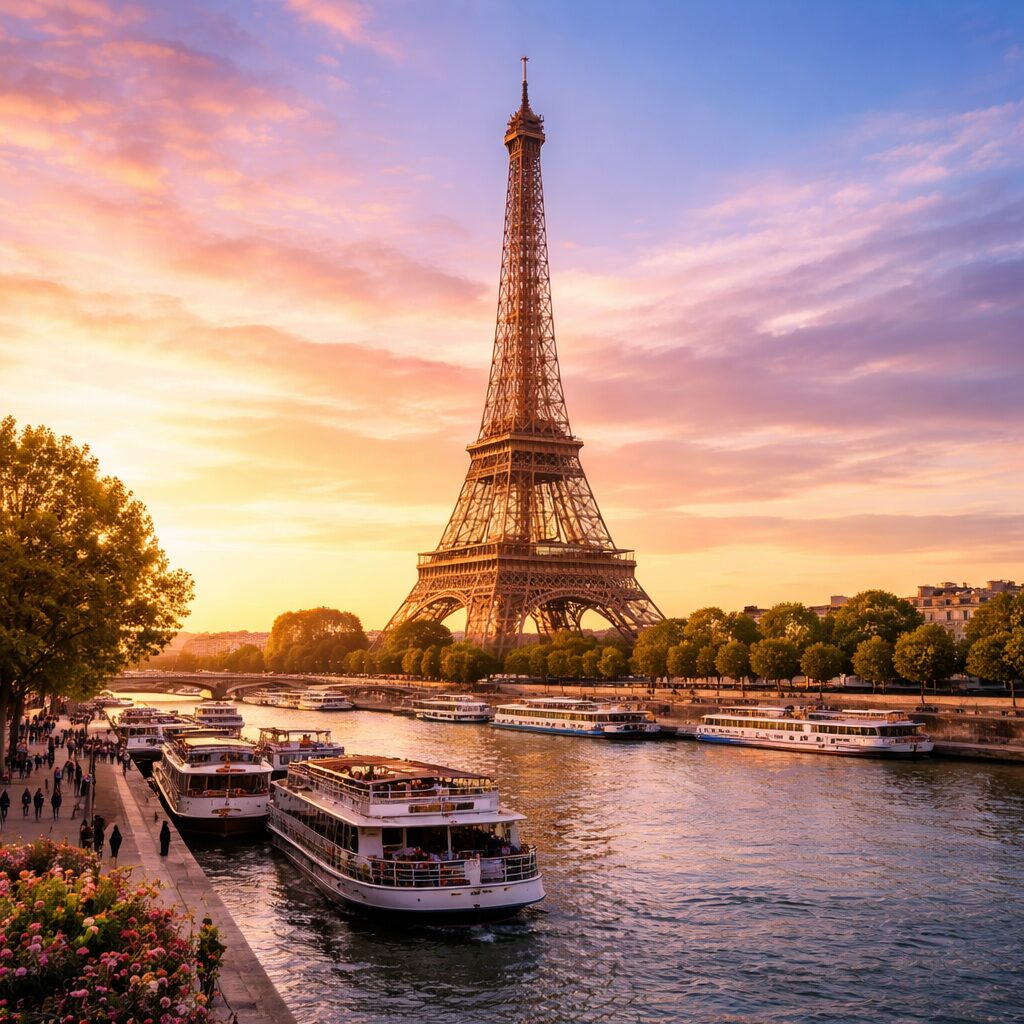 Eiffel Tower at sunset with boats on the Seine and people walking along the river