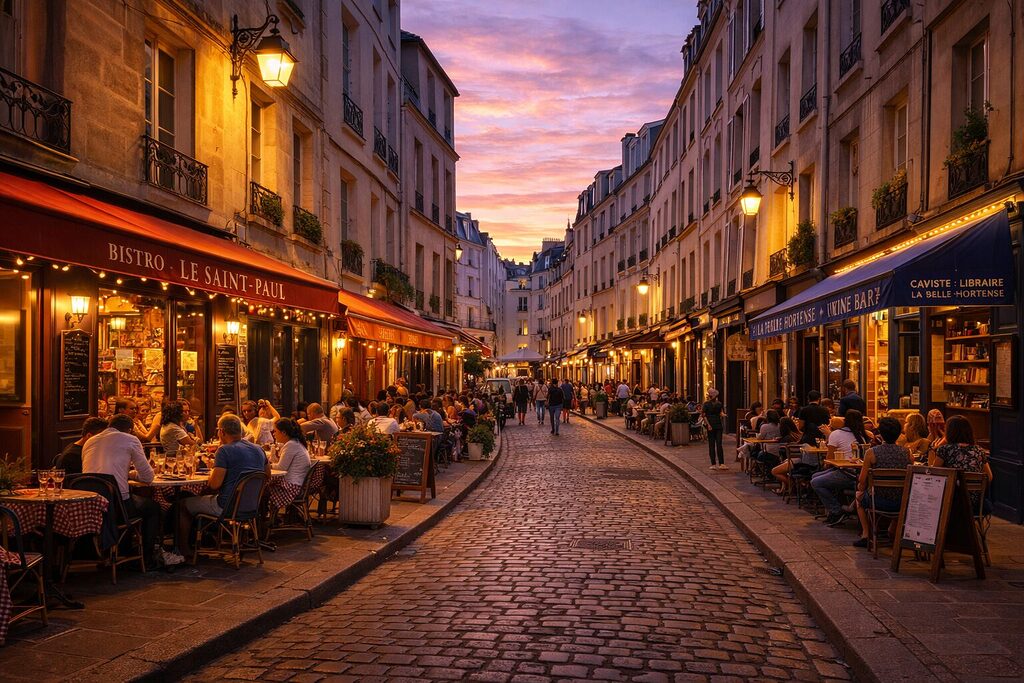 Le Marais street with cafes and people dining outdoors during golden hour