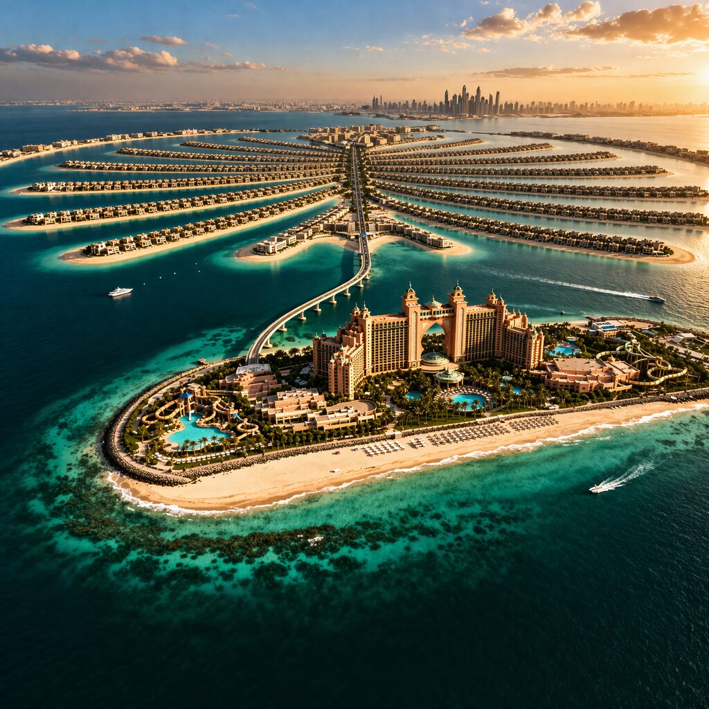 Palm Jumeirah aerial view with Atlantis The Palm Dubai
