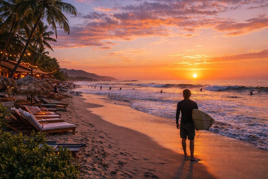 Santa Teresa Costa Rica sunset beach surfer tropical coastline lifestyle