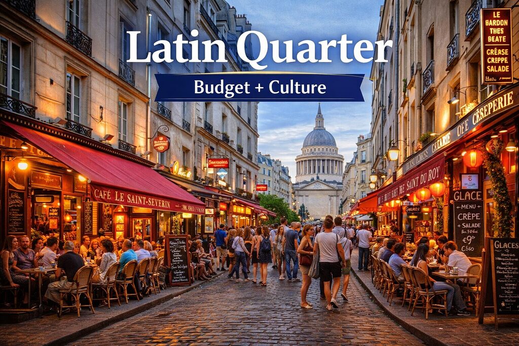 Latin Quarter Paris street with cafés and restaurants at evening – budget areas where to stay in Paris in 2026