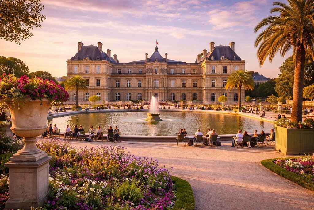 Luxembourg Gardens fountain with flowers and people relaxing near the palace at sunset