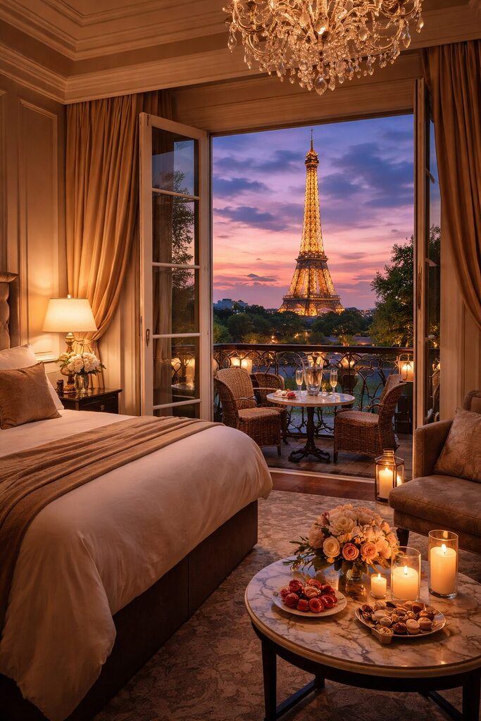 luxury hotel room in Paris with Eiffel Tower view at sunset – romantic places to stay in Paris 2026