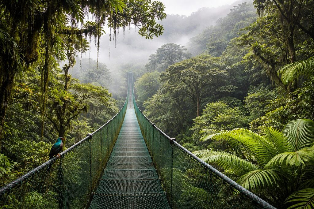 Monteverde Cloud Forest Costa Rica hanging bridge misty rainforest canopy