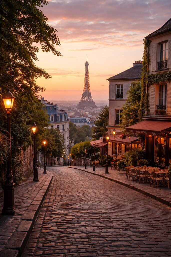 Quiet Paris street at sunrise with Eiffel Tower in the background and minimal crowds best for Paris travel tips for first-time visitors