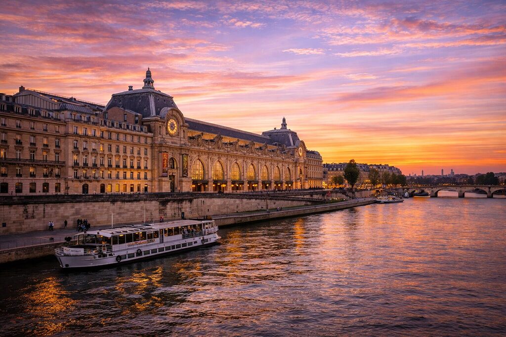 Musée d’Orsay building along the Seine at sunset with reflections in water now among the Top Places to Visit in Paris in 2026
