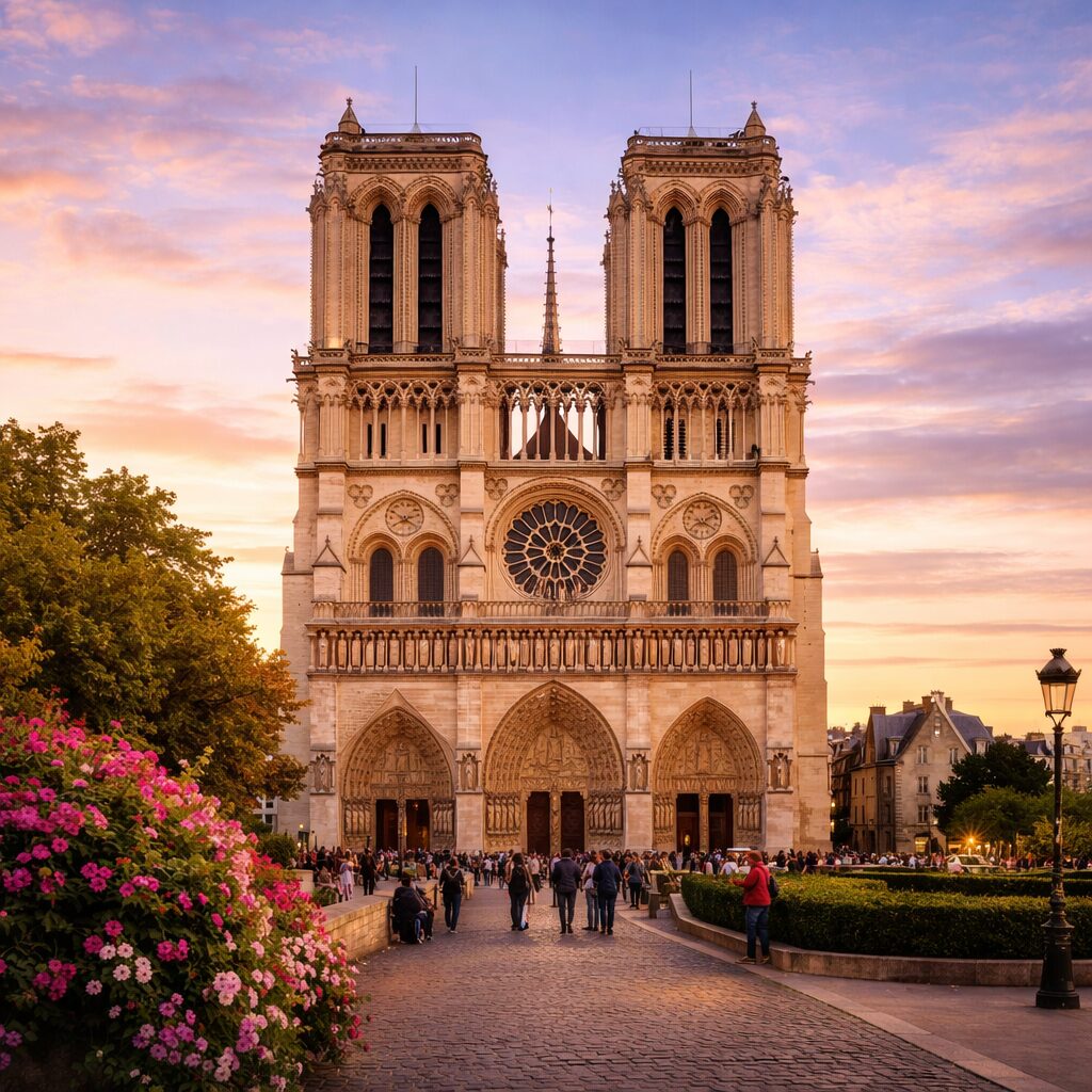 Notre-Dame Cathedral front view at sunset with visitors and flowers in the foreground