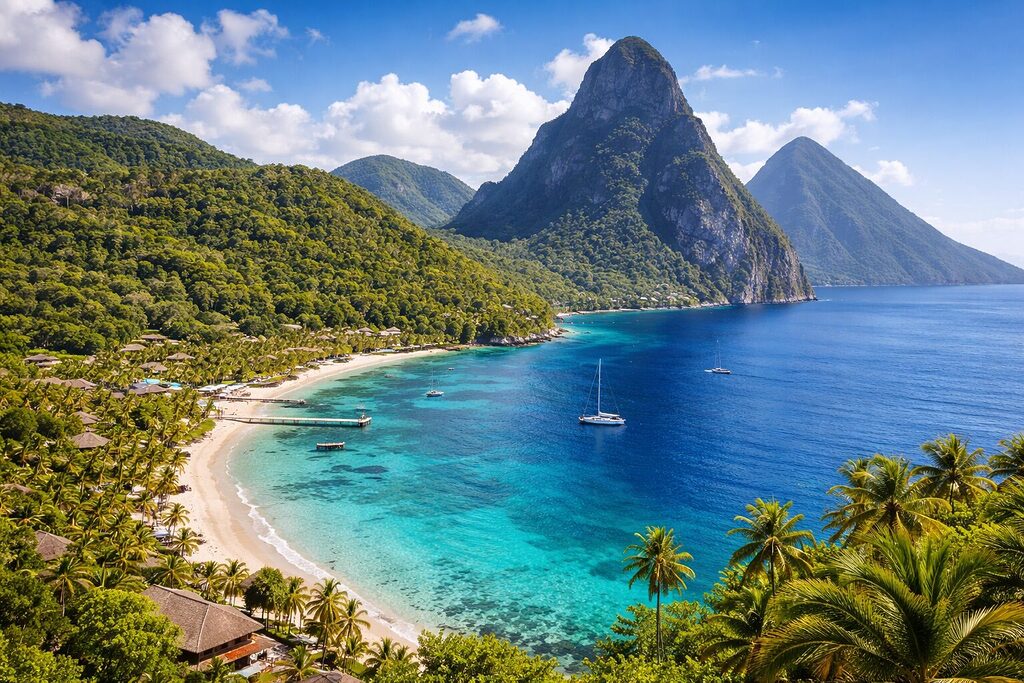 Saint Lucia Pitons mountains tropical bay turquoise water luxury resort aerial view
