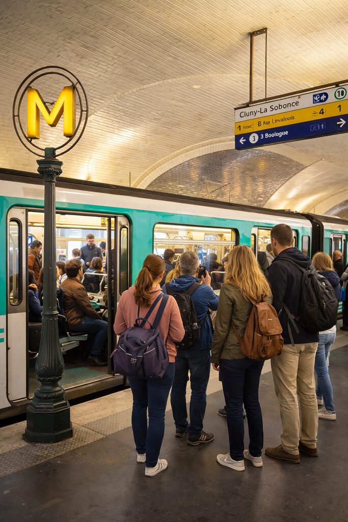 Paris Metro station with passengers boarding a train on a busy platform