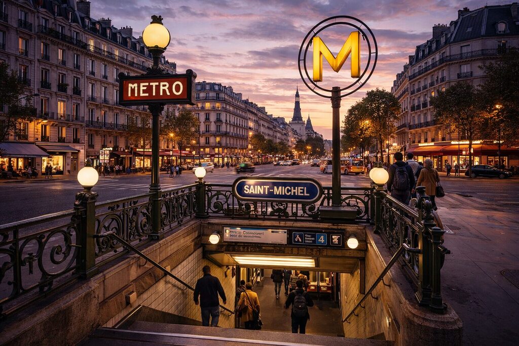 Paris metro entrance at Saint-Michel at sunset with commuters – best areas to stay in Paris near transport 2026