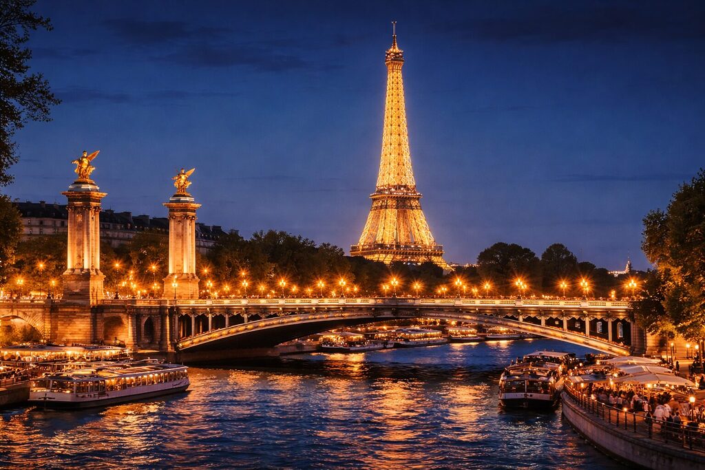 Paris at night with Eiffel Tower illuminated and Seine River reflections – top things to do in Paris at night 2026