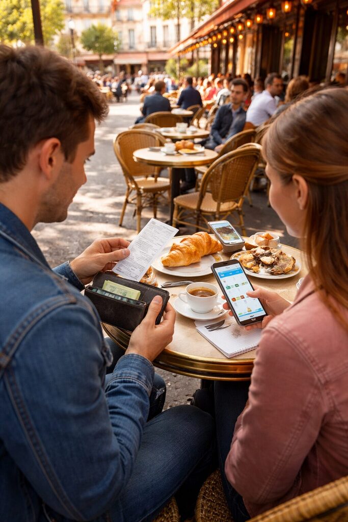 Couple reviewing expenses at a Paris cafe with coffee and pastries on the table