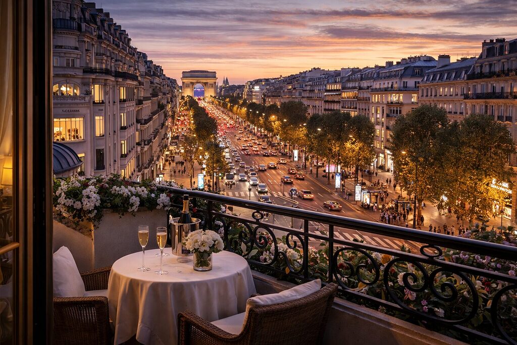 Champs-Élysées Paris view with Arc de Triomphe at sunset from hotel balcony – luxury hotels in Paris 2026