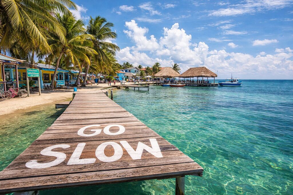 Caye Caulker Belize Go Slow sign tropical island pier Caribbean