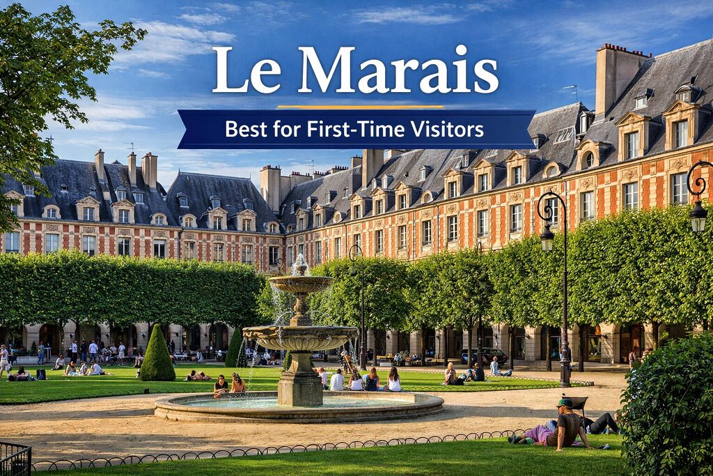 Le Marais Paris neighborhood with Place des Vosges park and historic buildings – best area to stay in Paris 2026