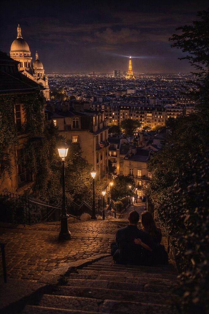Night view from Montmartre overlooking Paris city lights and Eiffel Tower – Paris night views 2026