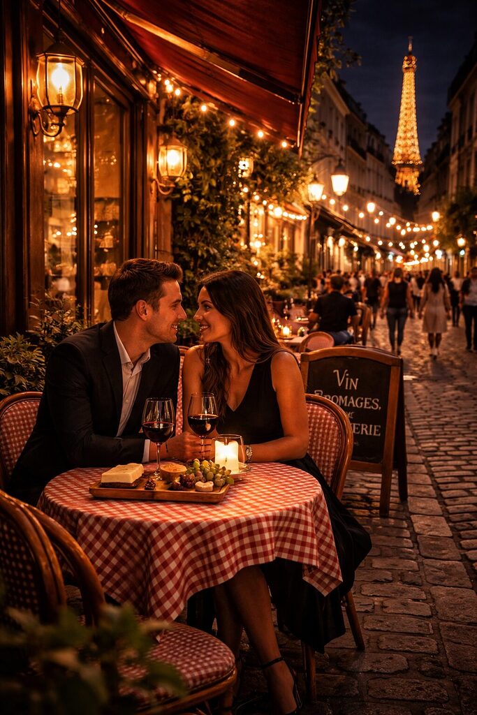 Couple enjoying wine at a Paris café at night with Eiffel Tower in background – Paris night café experience 2026