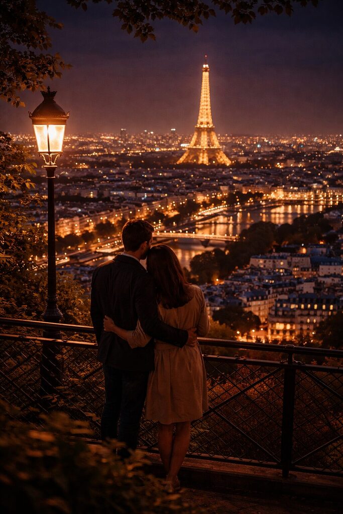 Paris city skyline at night with Eiffel Tower and couple enjoying the view – Paris Nightlife Guide 2026