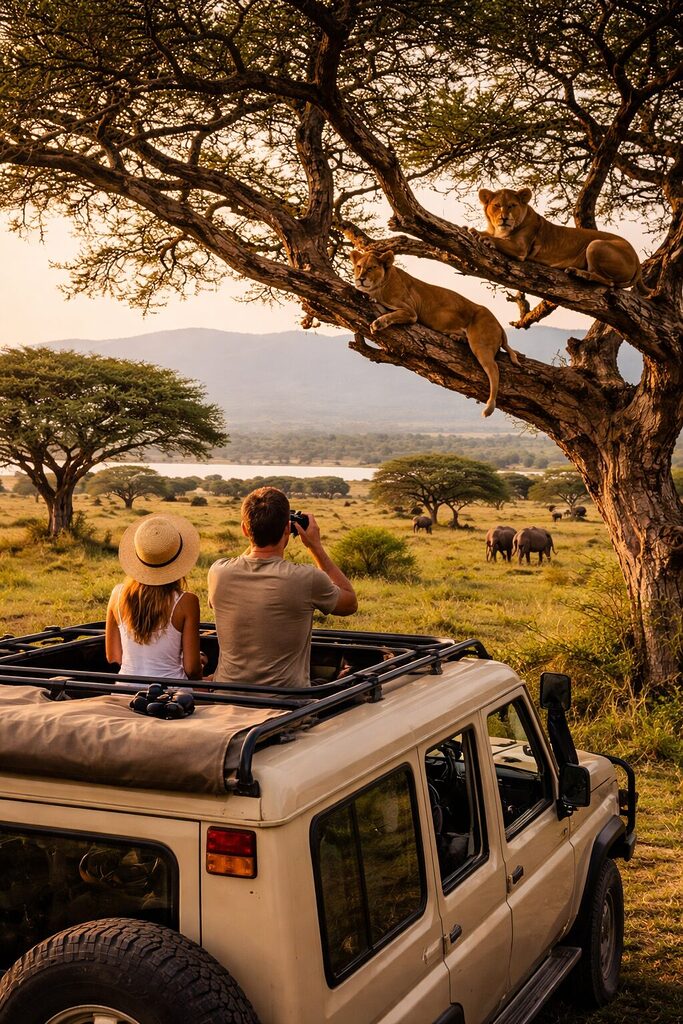 tree-climbing lions in Queen Elizabeth National Park Uganda with safari tourists watching wildlife – Uganda safari experience 2026