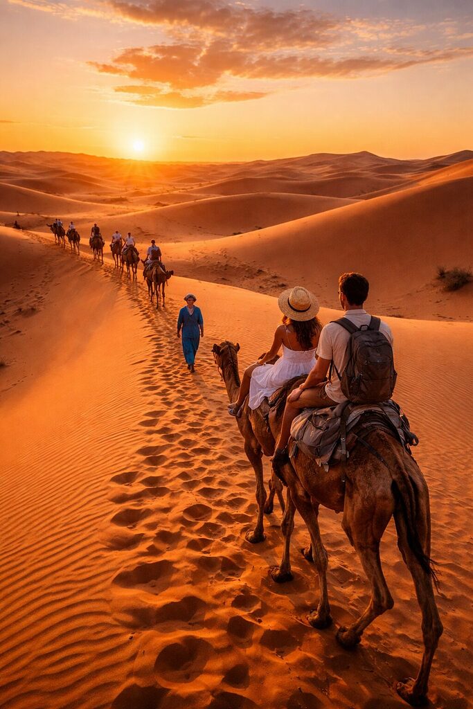 Sahara Desert camel trekking at sunset with golden sand dunes and travelers in Morocco Africa – Sahara travel experience 2026