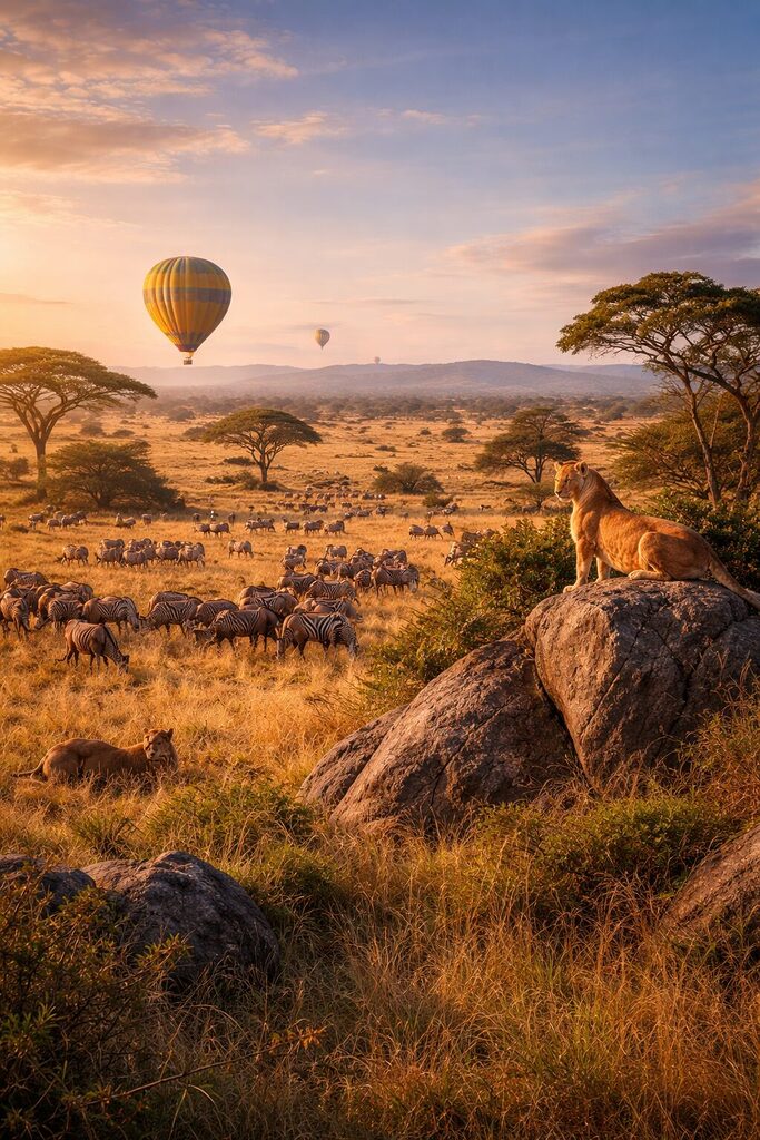 Serengeti National Park safari with wildebeest migration, lions and hot air balloons at sunrise – top places to visit in Africa 2026