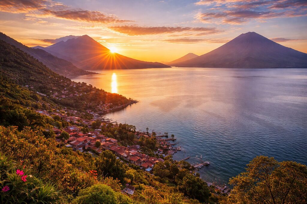 Lake Atitlan Guatemala sunrise volcano lake view with villages and mountains