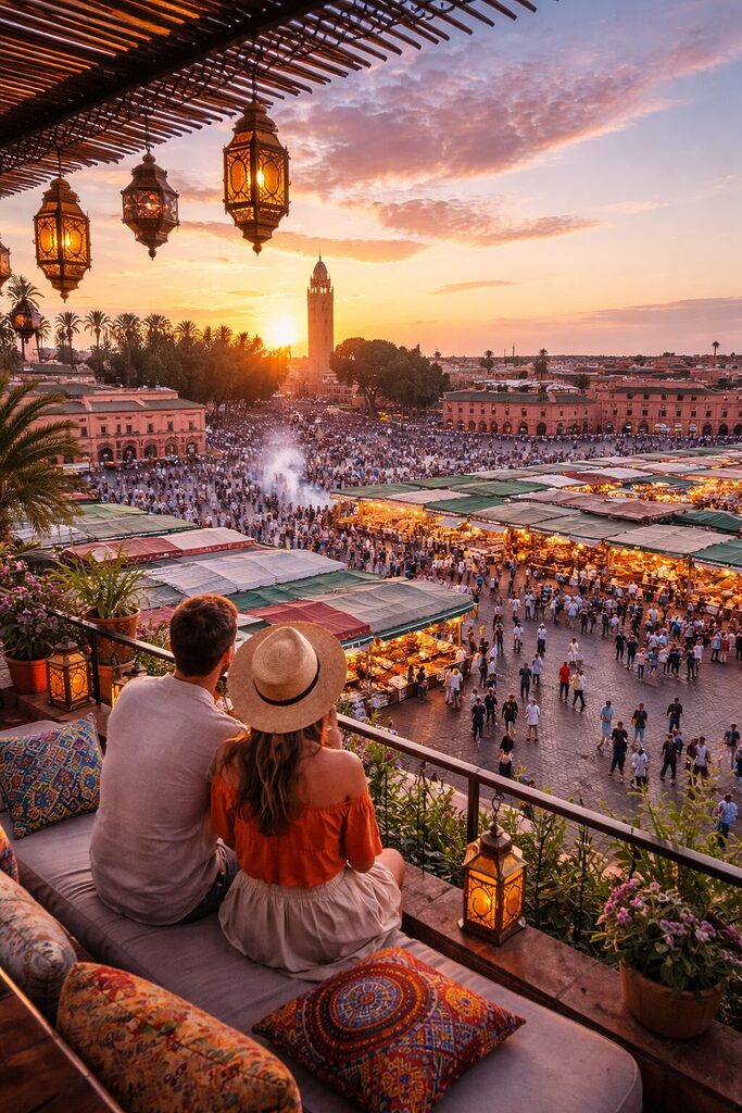 Jemaa el-Fnaa square Marrakech Morocco at sunset with market stalls and Koutoubia Mosque view from rooftop – Africa travel 2026